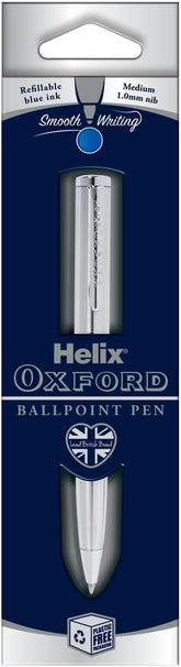 Helix Oxford premium stainless steel ballpoint pen with blue ink, showcasing a sleek design and comfortable grip.