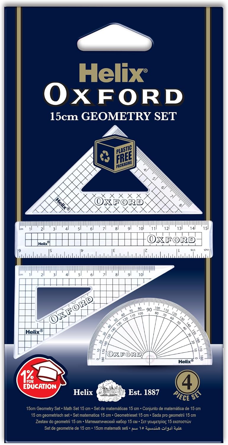 Helix Oxford Small Geometry Set with compass, ruler, and protractor for school stationery, in a compact plastic case.