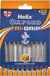 Set of 10 Helix OXF Trigrip pens in a black box, featuring ergonomic grip and smooth ink flow for writing comfort.