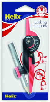 Helix locking compass in assorted colors, stationery math tool for drawing precise circles and angles.