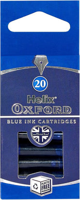 Helix blue ink cartridges for pens, pack of 20, stationery refills, compatible with various pens for smooth writing.