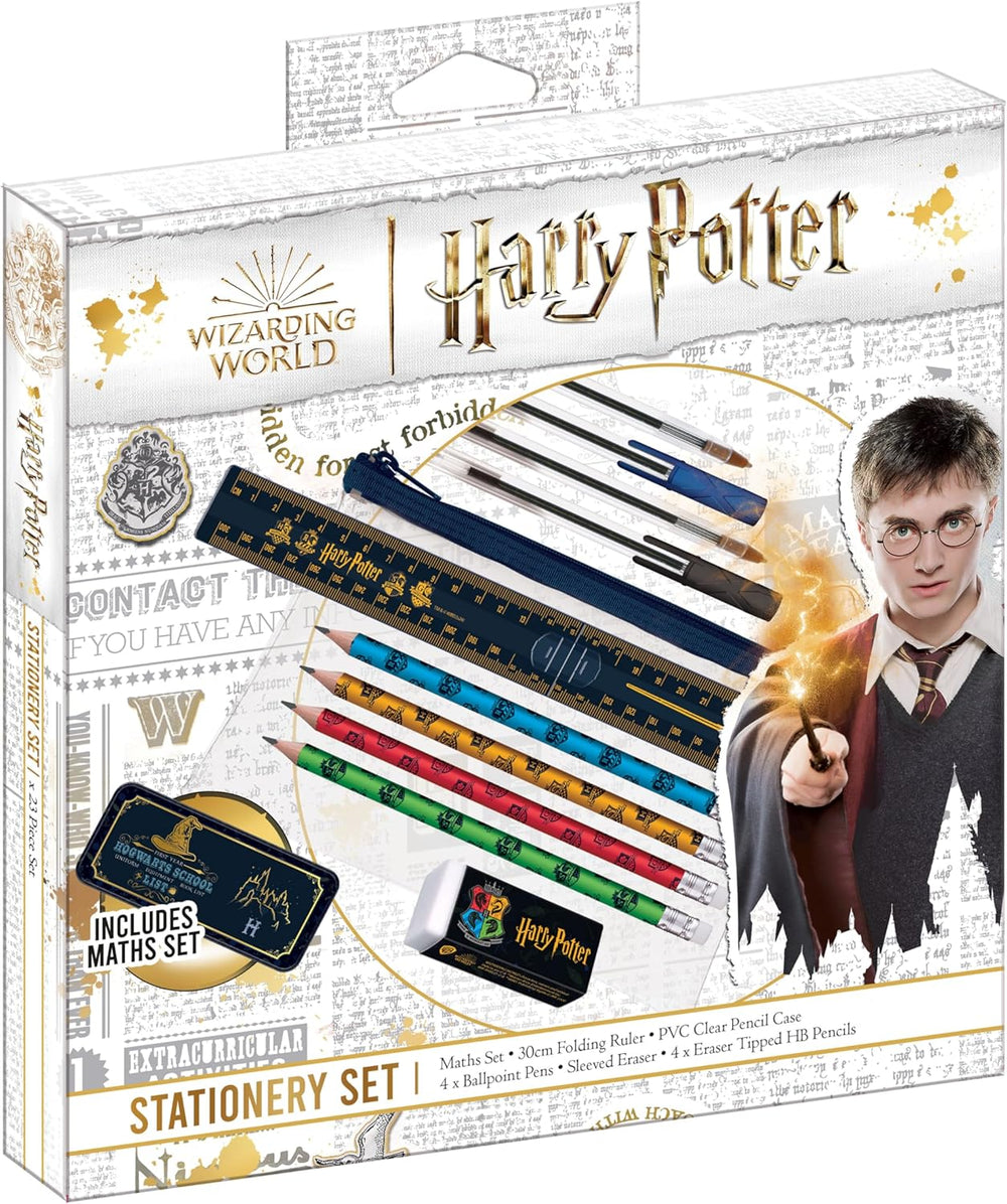 Helix Harry Potter stationery set with pencils, erasers, and notebooks featuring Harry Potter themed designs and branding.