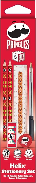 Helix Pringles Student Set of stationery including pens, pencils, and accessories in a colorful, organized display.