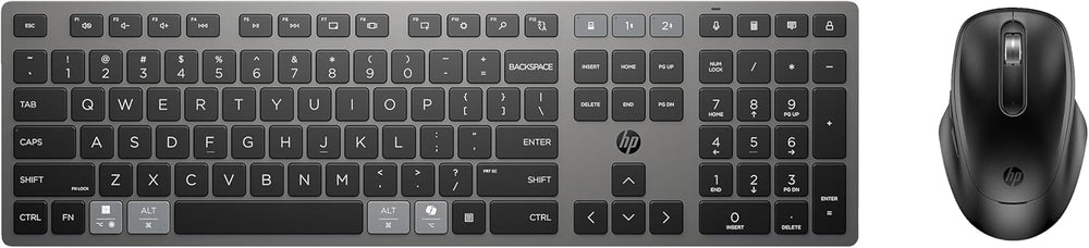 HP 720 multi-device wireless keyboard and mouse combo, rechargeable computer peripherals with sleek design and easy connectivity.