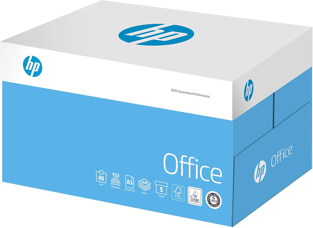 Box of 5 reams HP Office A3 Copier Paper 80gsm, 2,500 sheets in total, suitable for high-volume printing and copying.
