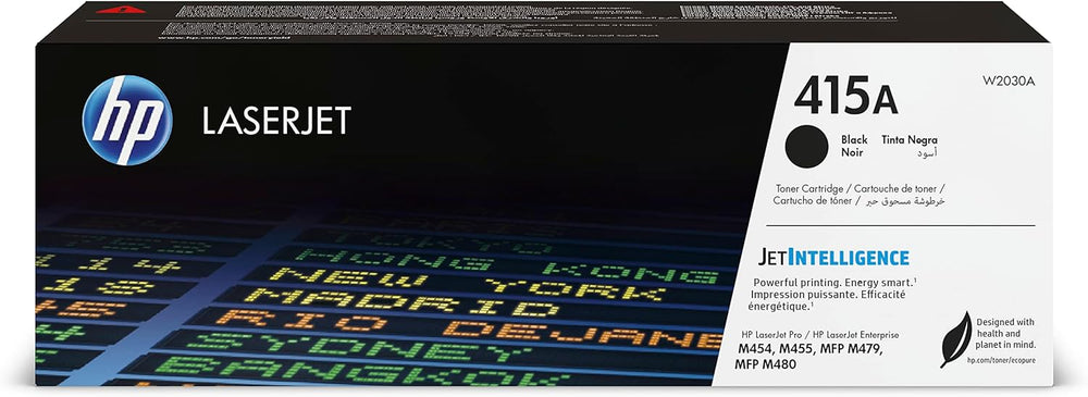 Black HP 415A W2030A laser cartridge for HP printers, shown in the image with the cartridge ready for replacement.