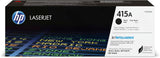 Black HP 415A W2030A laser cartridge for HP printers, shown in the image with the cartridge ready for replacement.