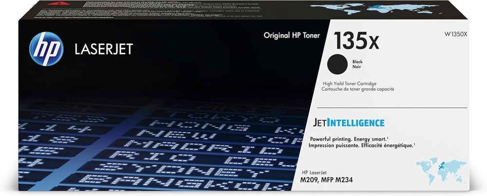 HP 135X black toner cartridge for high-yield printing, shown in a close-up view of the toner cartridge.