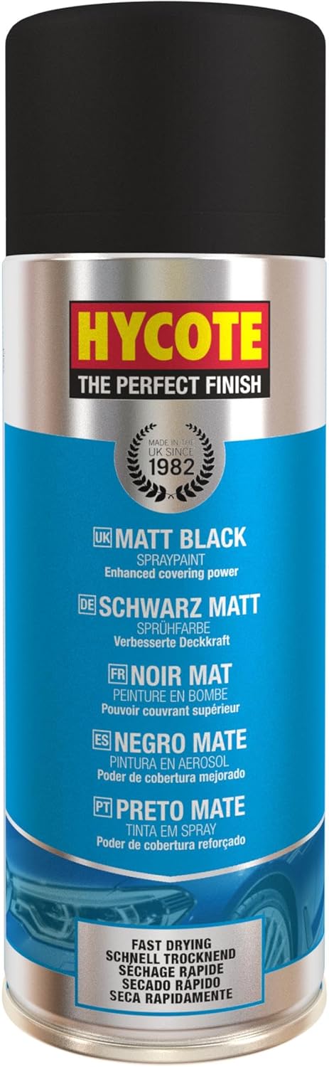 Hycote Fast Drying Aerosol Car Spray Paint in Matt Black, 400ml, showing the aerosol can with black matte finish for automotive use.