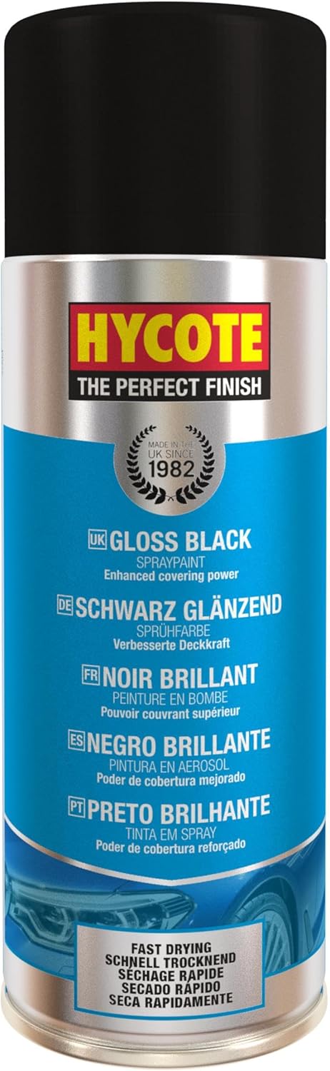 Hycote Gloss Black Car Spray Paint 400ml aerosol, fast-drying automotive spray for car detailing and repairs.