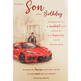 ICG Red Sports Car birthday card for sons, featuring a vibrant red sports car illustration on the front.