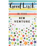 ICG Good Luck in Your New Venture greetings card with large silver text, measuring 7.75 by 4.75 inches, featuring a motivational design.