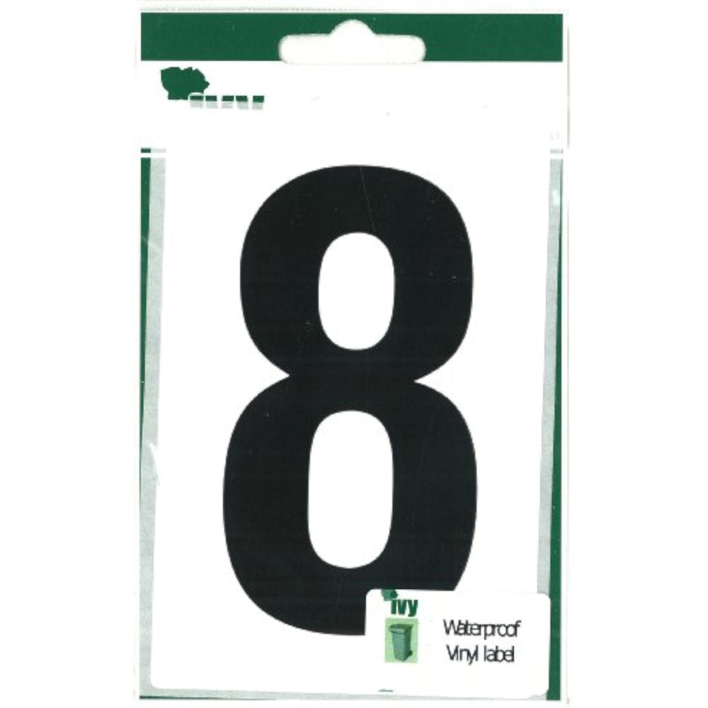 Waterproof Ivy Stationery wheelie bin number 8 adhesive sticker showing bold black number on clear background