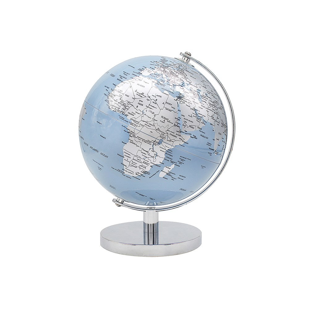 Joe Davies blue and silver globe desk accessory, medium-sized decorative globe for office or home decor.