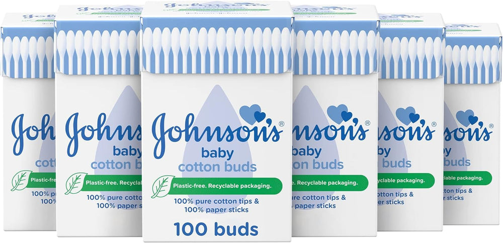 Johnson's & Johnson's Baby Cotton 100 Buds, soft cotton swabs for gentle baby ear cleaning, shown with packaging and cotton buds.