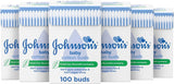 Johnson's & Johnson's Baby Cotton 100 Buds, soft cotton swabs for gentle baby ear cleaning, shown with packaging and cotton buds.