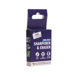 Just Stationery eraser and sharpener set showing a pink eraser and compact plastic sharpener on a white background.