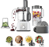 Kenwood FDP65.860WH white food processor with 9 attachments, including blender jug, mini chopper, and slicing accessories.