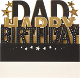 UK Greetings birthday card featuring a lovely design with 3D pop-up lettering for Dad, showcasing colorful and festive details.