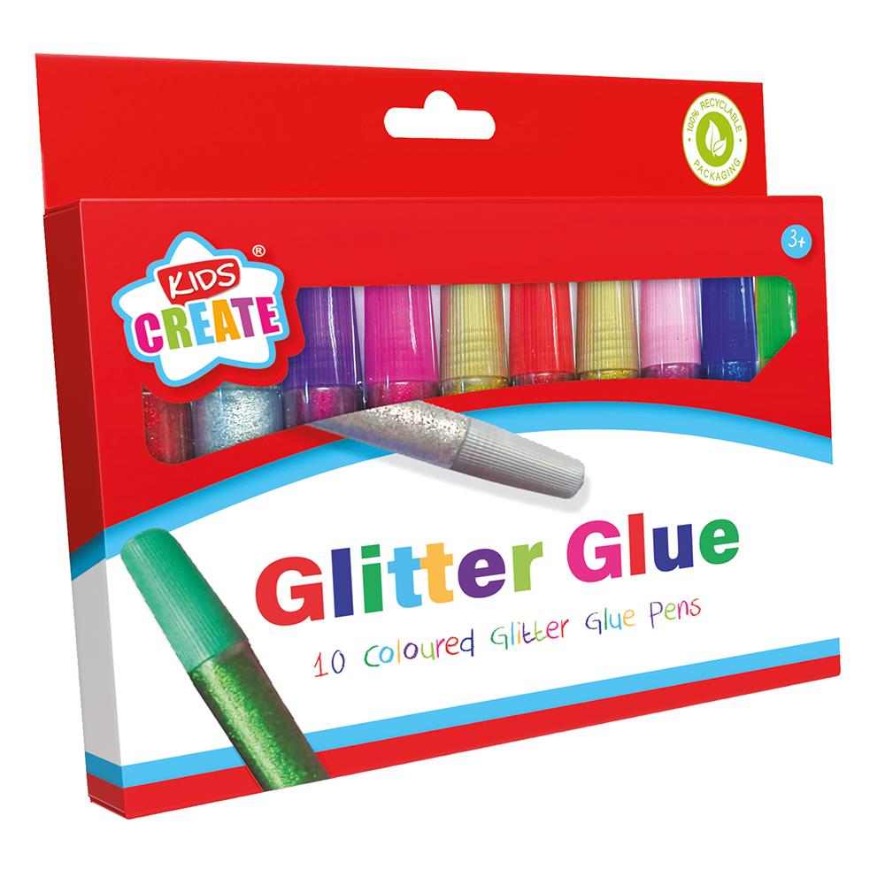 Kids Create glitter glue pens in 10 vibrant colors, perfect craft supplies for kids' art and decoration projects.