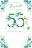 Kingfisher Emerald 55th Anniversary greeting card with champagne foil finish and heartfelt verse, featuring elegant floral design.