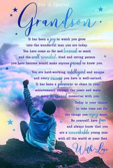 Kingfisher greeting card featuring a heartfelt birthday message and mountain-themed design for a special grandson.