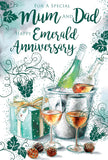 Kingfisher greeting card featuring Mum and Dad celebrating 55th Emerald Wine Cooler anniversary with festive design and cheerful message