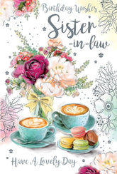 Kingfisher Sister-in-Law Happy Birthday card with colorful coffee and macaroon illustrations, 9x6 inches, greeting card design