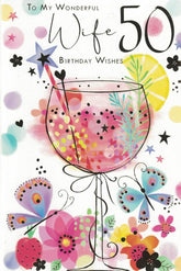Kingfisher Wife 50th birthday greeting card featuring pink gin and cocktails design for milestone celebration.