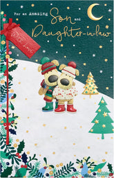 Christmas Greeting Card for Son and Daughter in Law with Boofle Dogs in Wellies Snowscene Design