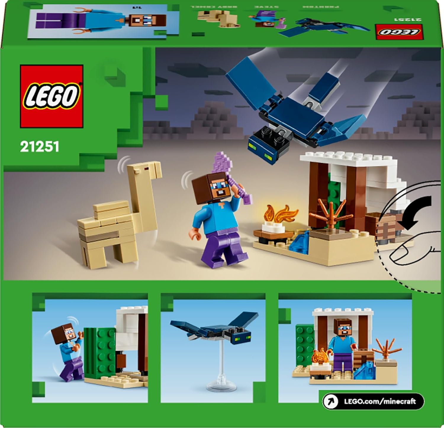LEGO Minecraft Steve's Desert Expedition building toy set with LEGO minifigure and desert-themed structures.