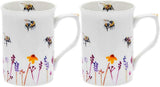 Set of two Lesser & Pavey Busy Bees mugs featuring colorful bee and floral designs, perfect for tea or coffee.