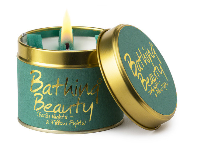 Lily-Flame Bathing Beauty scented tin candle with floral design, perfect for home fragrance and relaxing ambiance.