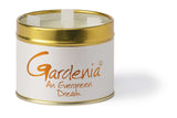 Lily-Flame Gardenia scented tin candle for home fragrance, featuring a decorative metal container with a gardenia flower design.