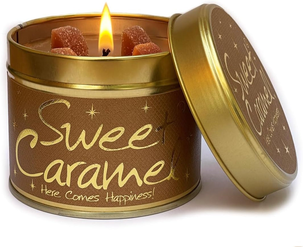 Lily-Flame Sweet Caramel candle in a decorative tin, perfect for home fragrance and cozy ambiance.