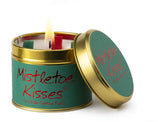 Lily-Flame Mistletoe Kisses scented tin candle with festive holiday design, ideal for home fragrance and cozy decor.