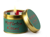 Lily-Flame Mistletoe Kisses scented tin candle with festive holiday design, ideal for home fragrance and cozy decor.