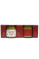 Lily-Flame scented mini tin duo gift set with Christmas Snowfall and Christmas Spice home fragrances, festive holiday scents.