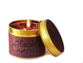 Lily-Flame Black Cherry scented tin candle with black cherry illustration on a white background, showcasing the candle's packaging.