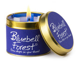 Lily-Flame Bluebell Forest scented tin candle with floral design and bluebell imagery in a compact metal tin.