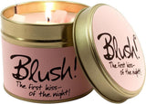 Lily-Flame Blush scented tin candle with pink floral design and a lit wick, showcasing a cozy, fragrant candle in a metal tin.