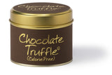 Lily-Flame Chocolate Truffle scented tin candle with a decorative label and a lit wick, showcasing the cozy candle inside the tin.