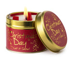 Lily-Flame Christmas Day scented tin candle with festive holiday design and warm candle flame.