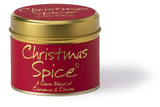 Lily-Flame Christmas Spice scented tin candle with a festive holiday design, showcasing a cozy holiday scent and decorative packaging.