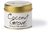 Lily-Flame Coconut Grove scented tin candle with a decorative label and a natural-colored metal tin container.