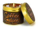 Lily-Flame Coffee Galore scented candle in a decorative tin, featuring a rich coffee aroma and vintage floral design.