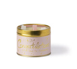 Lily-Flame Congratulations! scented tin candle with a decorative label, designed for gifting or celebrating special moments.
