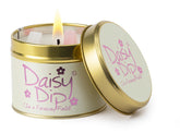 Lily-Flame Daisy Dip scented tin candle with a floral design, perfect for creating a cozy atmosphere.
