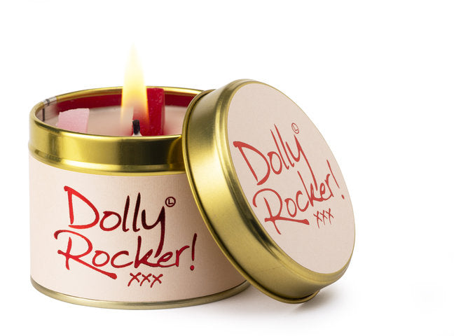 Lily-Flame Dolly Rocker scented tin candle with colorful floral design on a metal container, ideal for home fragrance.