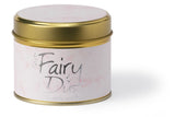 Lily-Flame Fairy Dust scented tin candle with colorful fairy-themed design and a metal lid, ideal for cozy ambiance.